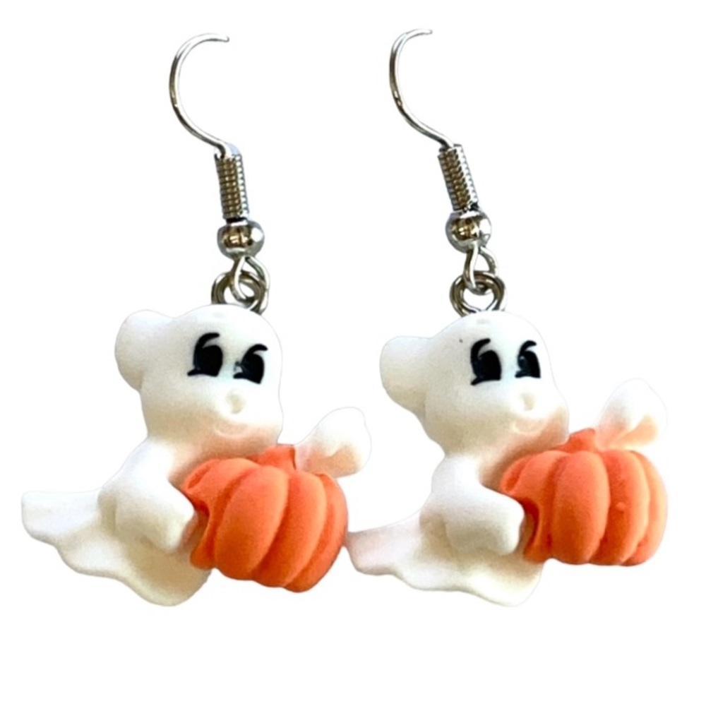 Friendly Ghost Holding Pumpkin Halloween Holiday Earrings - Picture 3 of 7